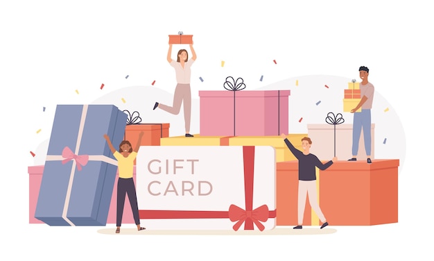 Persone con confezione regalo. scatole regalo giganti e piccoli uomini e donne felici di gruppo, carta regalo, buono sconto. concetto di vettore del modello di pagina di destinazione. personaggi che festeggiano un compleanno o un evento importante