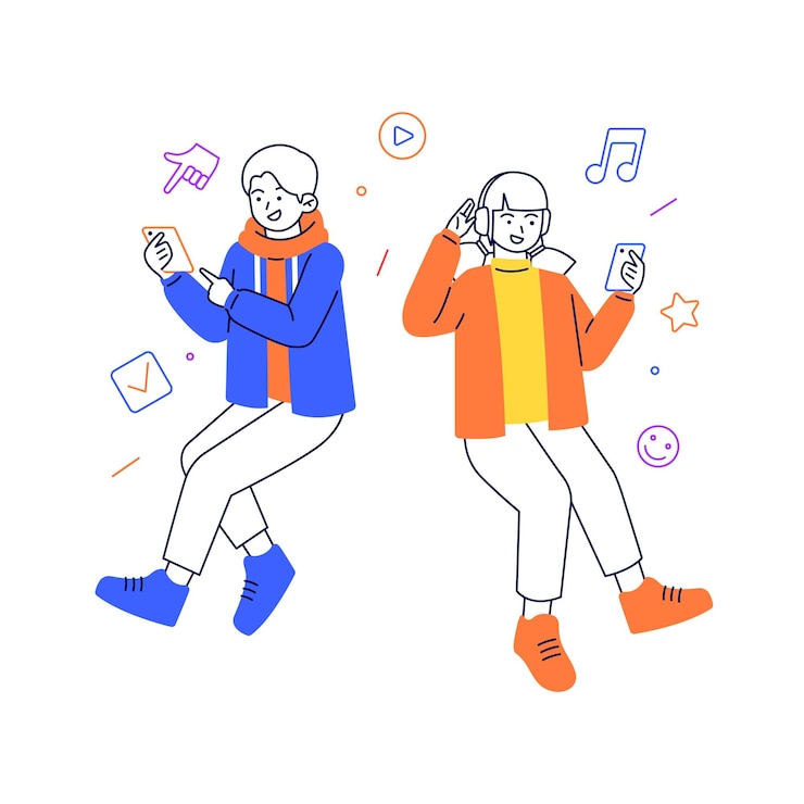 Vector 헤드폰을 끼고 있는 사람들 용 소년 소녀들은 음악을 듣고 소리를 즐깁니다. 벡터 일러스트레이션 손으로 그린 만화 캐릭터는 이어폰 윤곽선 색상을 통해 오디오를 듣는 것을 설정합니다.