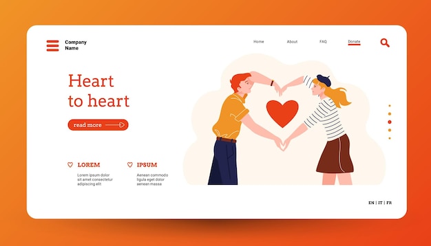 people with heart landing home page for volunteer organization or dating site template with cartoon characters holding hearts vector web page layout