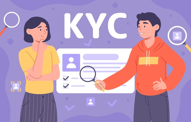 Люди с концепцией KYC Знать свое обслуживание клиентов Женщина и мужчина с увеличительным стеклом анализируют поведение клиентов маркетинговые исследования Карикатура плоская векторная иллюстрация изолирована на фиолетовом фоне