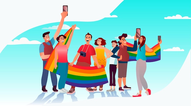 люди с радужными флагами лгбт стоят вместе гей-лесбиянки парад любви фестиваль гордости трансгендерная концепция любви горизонтальная векторная иллюстрация