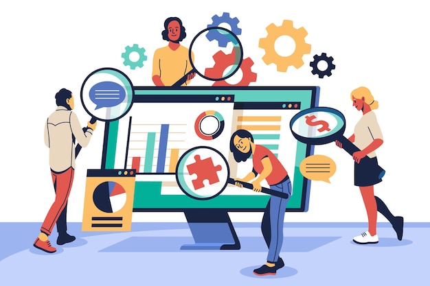 People with magnifying glass concept Young development team is investigating application for bugs thorough inspection process search information tidy vector cartoon flat illustration