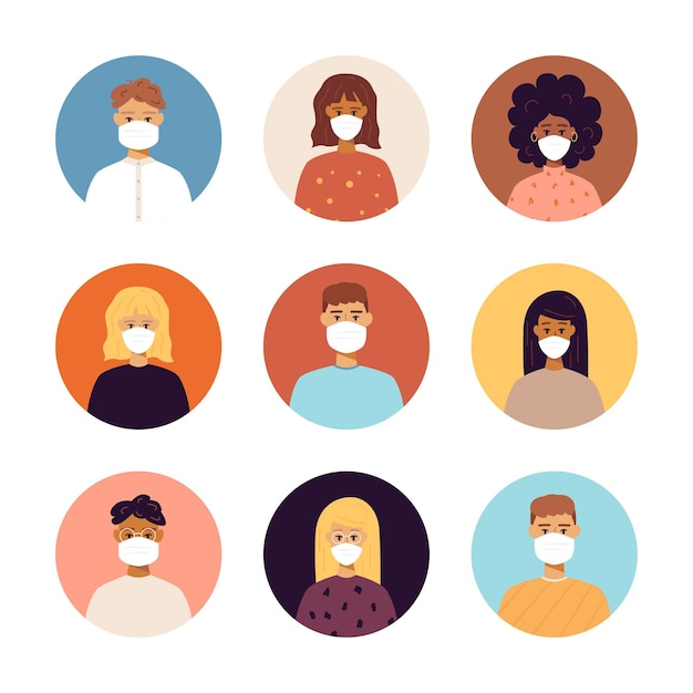 People with masks portrait icons