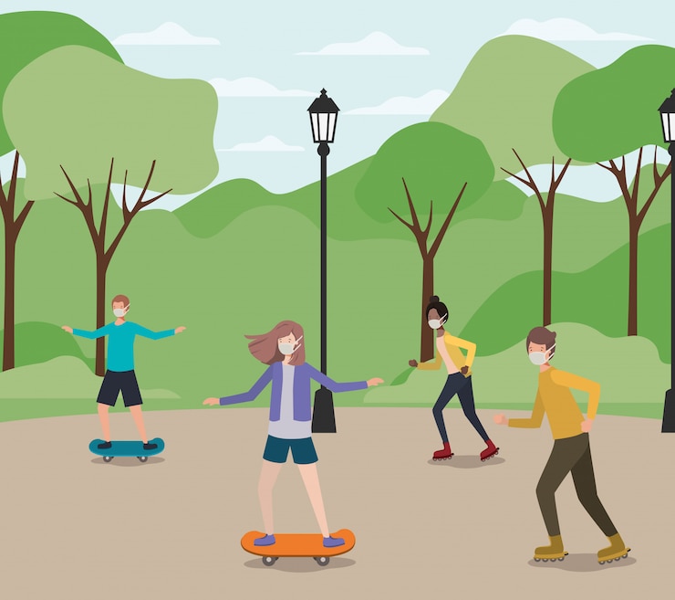 Vector people with masks on skateboards at park
