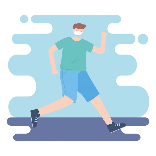 People with medical face mask, man practicing exercise, city activity during coronavirus