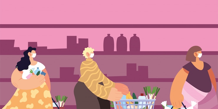 Vector people with medical masks doing shopping in supermarket, social distancing