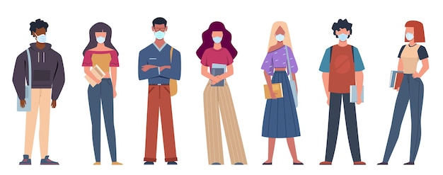 People with medical masks. Multiethnic young people wearing medical masks