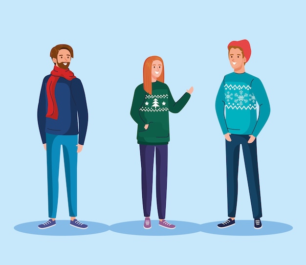 People with merry christmas sweaters design, winter season and decoration theme illustration