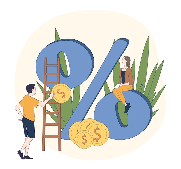 Vector people with percents man and woman with golden coins near blue math signs financial literacy and