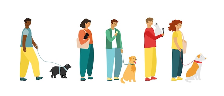 Vector ペット、猫、犬を飼っている人は、獣医に会うために並んでいます。