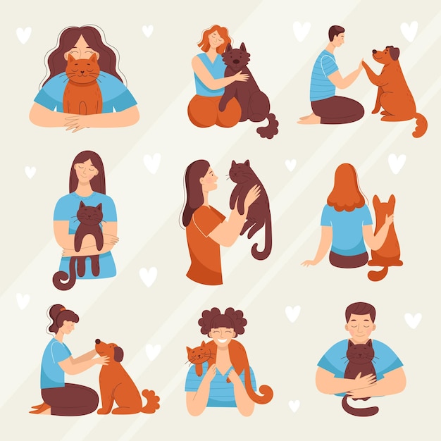 Persone con animali domestici. serie di illustrazioni vettoriali in stile cartone animato. uomini e donne con cani e gatti. amore e amicizia con gli animali. clinica veterinaria