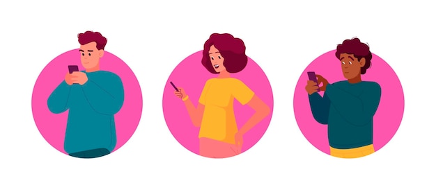 Vettore persone con telefoni icone rotonde isolate o avatar personaggi maschili e femminili comunicano tramite smartphone