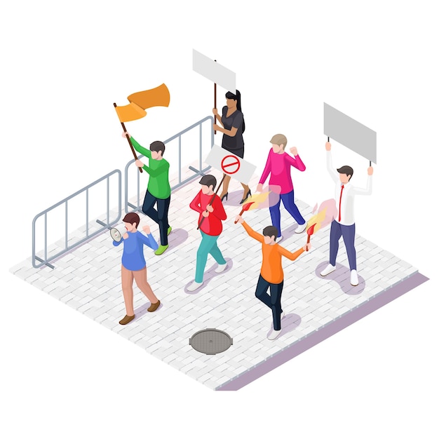 Vector people with placards flags megaphone vector isometric illustration protest demonstration rally picke...