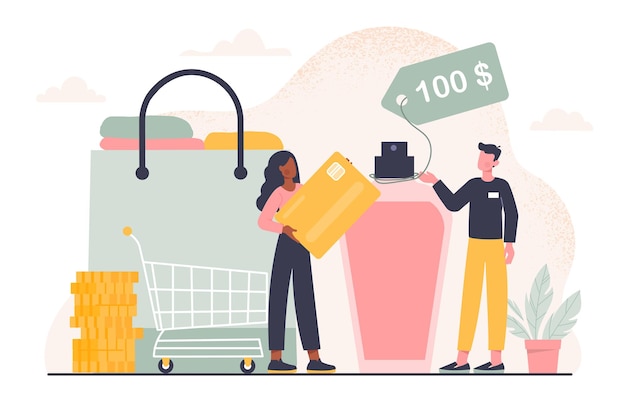 People with price tags concept Man and woman near cart with price tag gold coins and cologne Online shopping and electronic commerce discounts and promotions Cartoon flat vector illustration