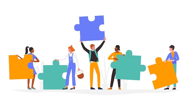 Vector people with puzzle concept, man woman holding puzzle jigsaw pieces, standing together