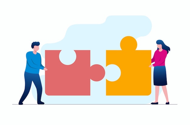 People with puzzle representing teamwork business flat vector illustration banner and landing page