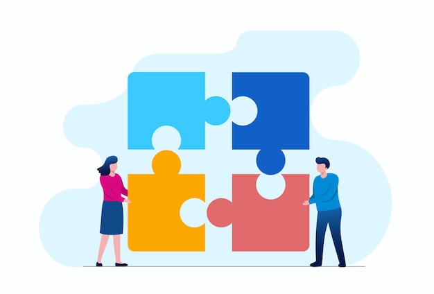 People with puzzle representing teamwork business flat vector illustration banner and landing page