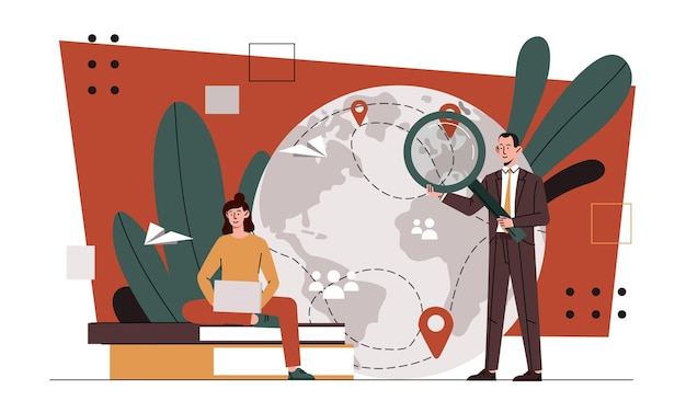 Vector people with remote work man and woman with magnifying glass near globe freelancers and distance