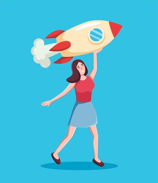 People with rocket launch business start up vector illustration