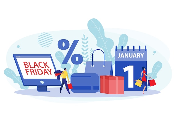 Vector people with shopping bags and sale concept with a line of people with purchases on black friday