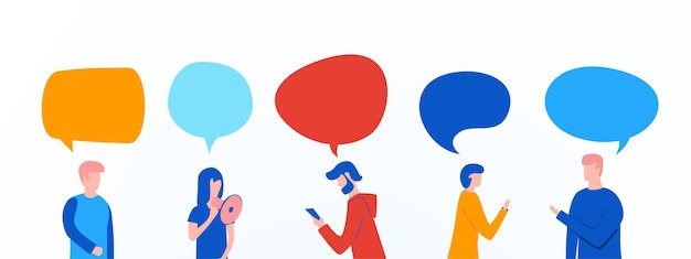 People with speech bubbles over them illustration