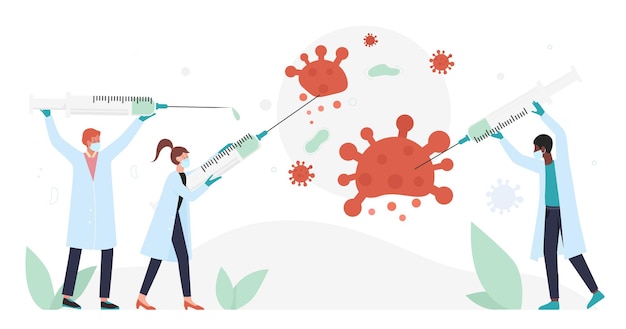 People with syringes fight coronavirus, vaccination concept with doctor team characters