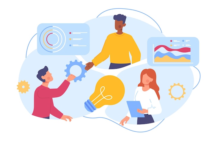Vector people with team work concept men and woman with gear light bulb and infographics colleagues and partners working on common project collaboration and cooperation cartoon flat vector illustration