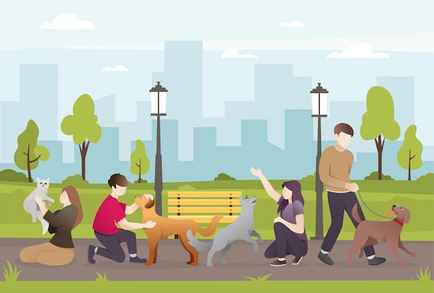 Vector people with their pets in the park