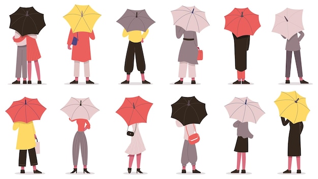 우산을 가진 사람들. 가을 비오는 날 문자는 우산 뒤 벡터 일러스트레이션 세트 아래 숨어 있습니다. 우산을 가진 만화 남자와 여자
