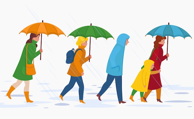 Persone con l'ombrello, che camminano sotto la pioggia. cartone animato piatto autunno.