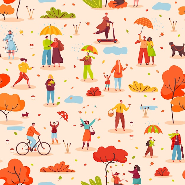 People with umbrellas walk autumn park seamless pattern fall season outdoor activity vector texture