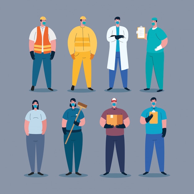 制服とコロナウイルスの労働者のテーマイラストのworkermasksを持つ人々