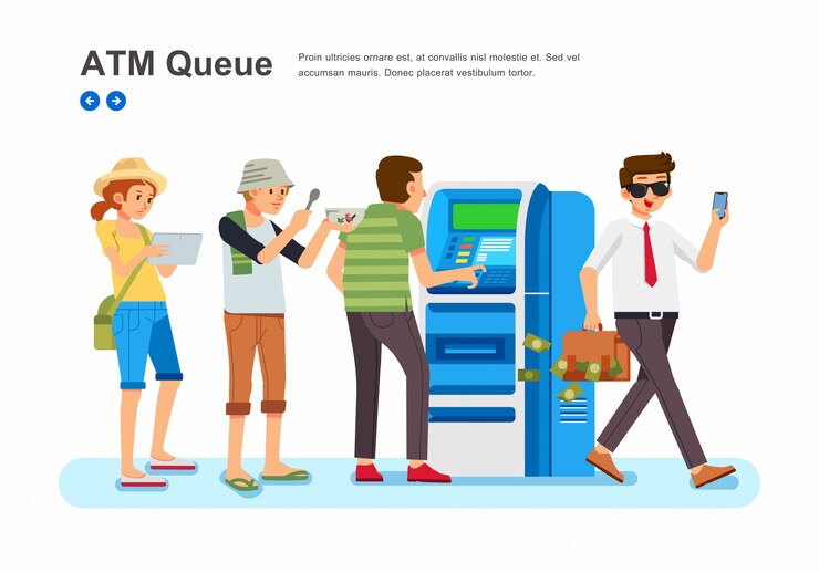 Vector people with various proffesion line up in front of atm machine isometric illustration