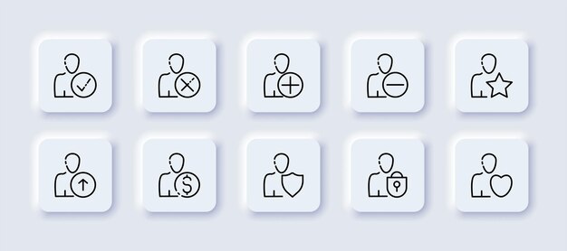 ウェブサイトのボタン セット アイコンを持つ人々 チェック マーク クロス プラス マイナス スター 上矢印 ドル シールド ロック ハート 承認 削除 アクション 顧客ベース ビジネス コンセプト ネオモーフィズム