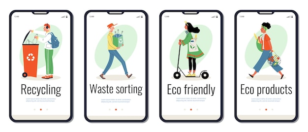 Persone con abitudini ecologiche zero rifiuti layout dell'app vettoriale