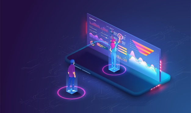 People work and interacting with graphs icons and devices Application of Smartphone with business graph and analytics data on isometric mobile phone Mobile application and website header images