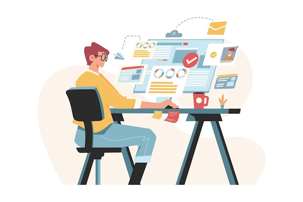 People work from home in front of computer with data