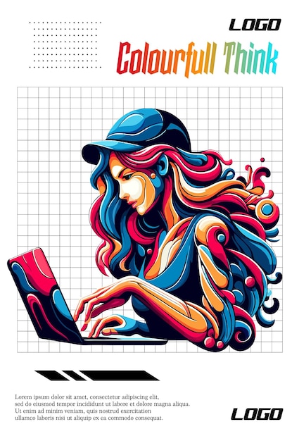 Vector people work in front laptop rainbow colour style