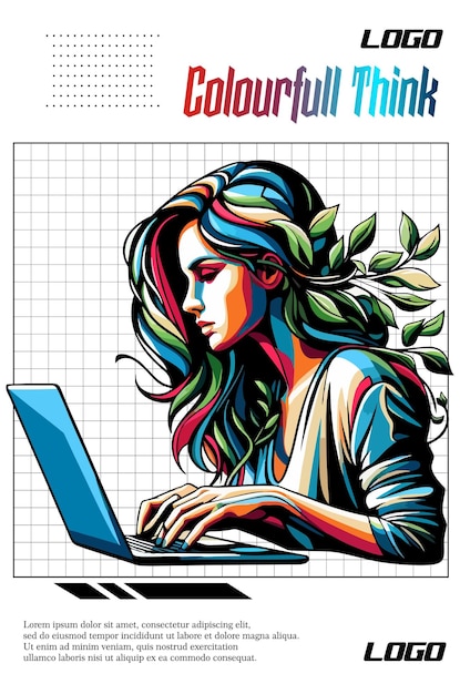 Vector people work in front laptop rainbow colour style