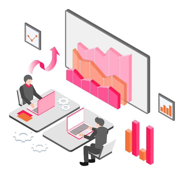 Люди работают над проектом и анализируют данные, разрабатывают новые технологии 3d изометрической иллюстрации