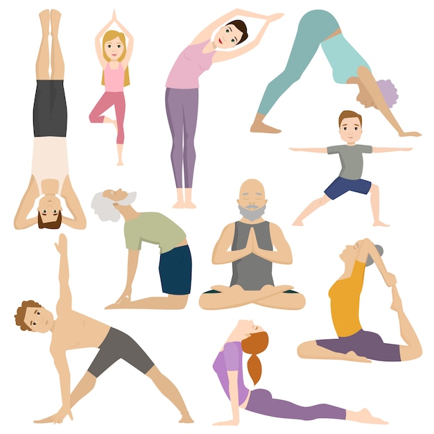 Vector people work out in fitness club yoga classes vector character.