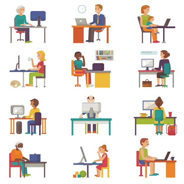 La gente lavora sul posto di lavoro vettore lavoratore d'affari o persona che lavora al computer portatile al tavolo in un collega d'ufficio...