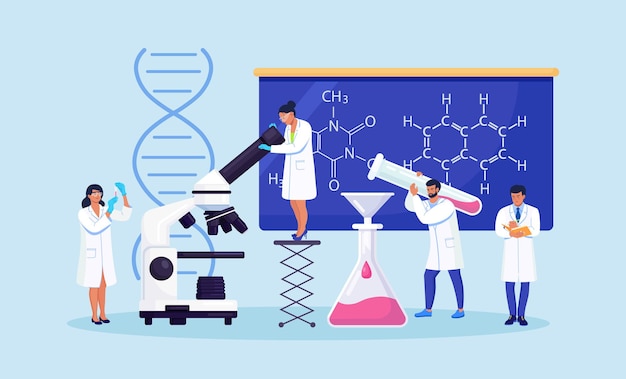 사람들은 과학 실험실에서 일합니다. 실험실 과학 장비, 현미경으로 작업하는 작은 과학자 연구원. 실험, 연구, 분석 및 백신 테스트를 수행하는 실험실 직원.