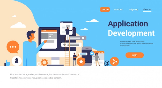Persone che lavorano chat bolle concetto di sviluppo di applicazioni mobili uomini che salgono scaletta messenger interfaccia landing page