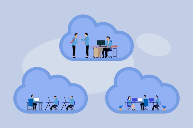 Collaborazione tra persone che lavorano in cloud office room