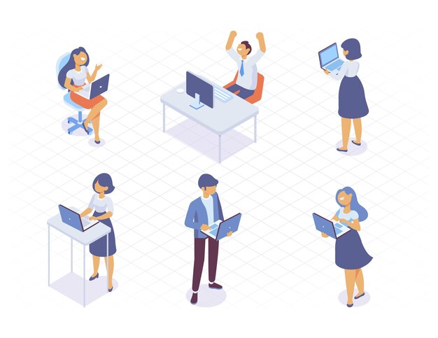 Vector people working computer isometric vector set