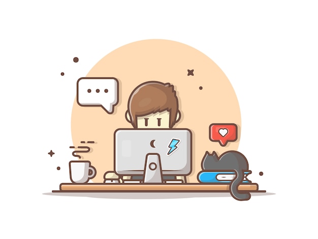 People working on computer with hot coffee, cat and book icon illustration