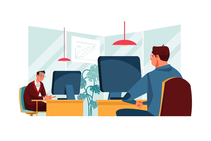 Vector people working at the computers in the open space office