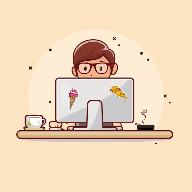 Vettore persone che lavorano su computer con hot tea flat design