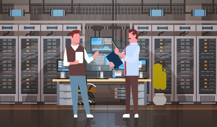 Vector people working in data center room hosting